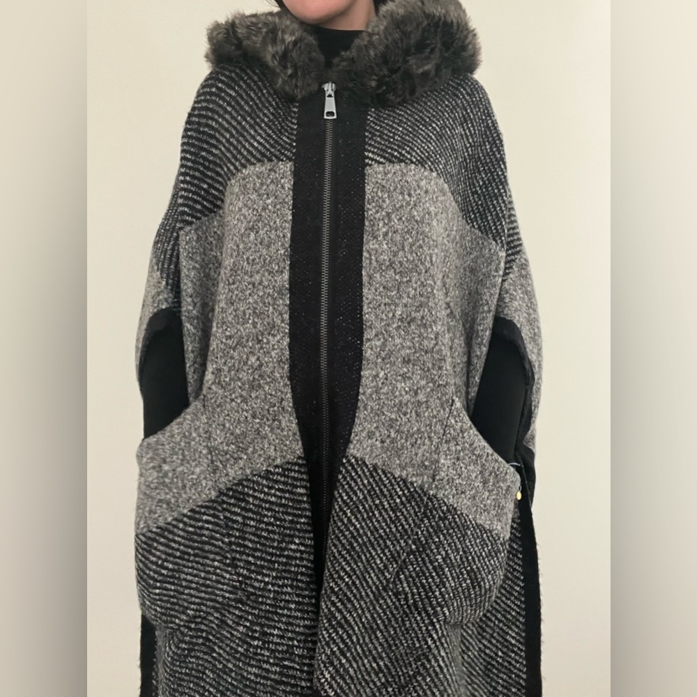 Zara Knit Zip Up Plaid Poncho
